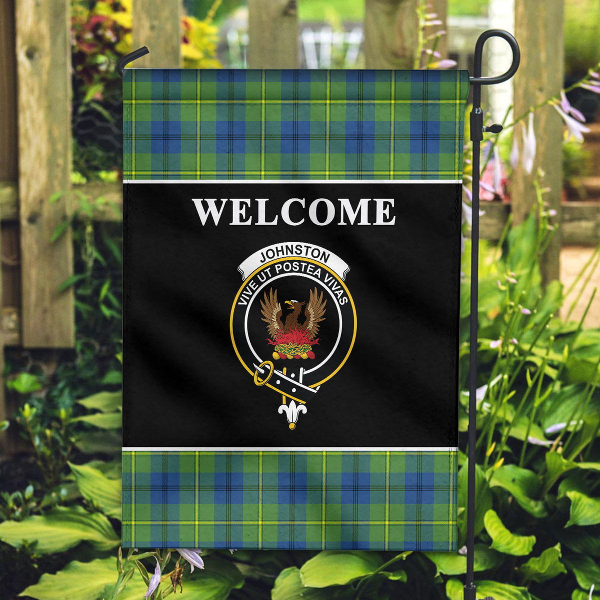 Johnston of Caskieben Ancient Tartan Crest Black Garden Flag