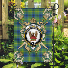 Johnston of Caskieben Ancient Tartan Crest Black Garden Flag - Gold Thistle Style