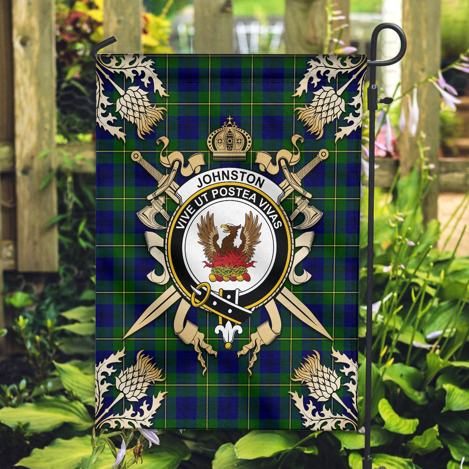 Johnston of Caskieben Modern Tartan Crest Black Garden Flag - Gold Thistle Style