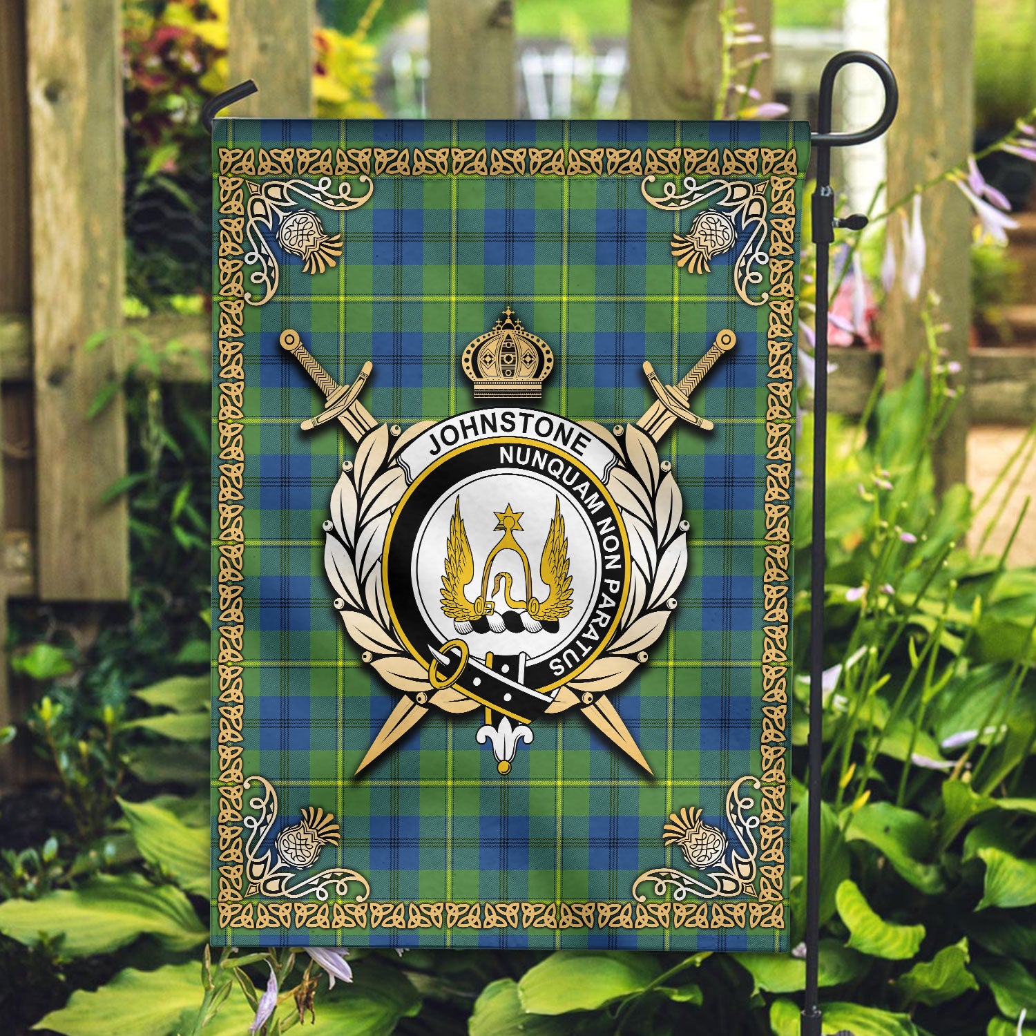 Johnstone Ancient Tartan Crest Garden Flag - Celtic Thistle Style