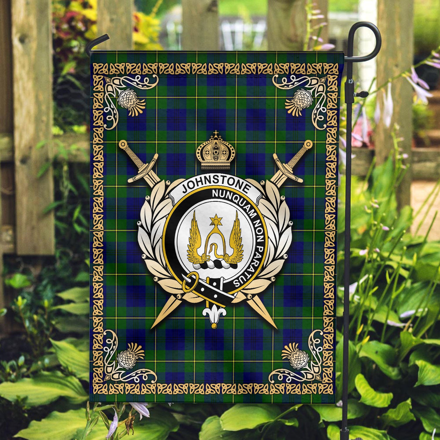 Johnstone Modern Tartan Crest Garden Flag - Celtic Thistle Style