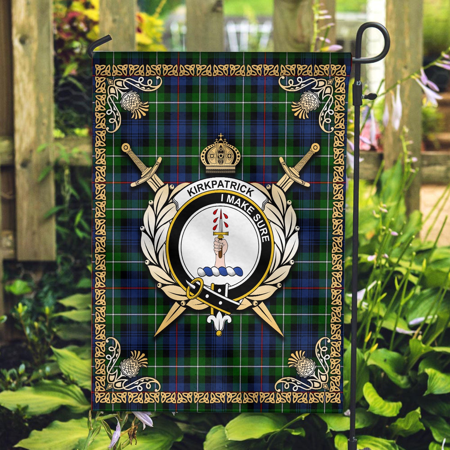 Kirkpatrick Tartan Crest Garden Flag - Celtic Thistle Style