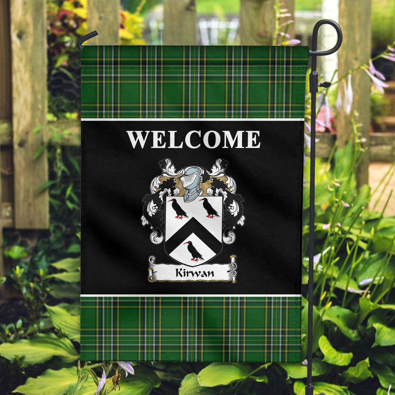 Kirwan Tartan Crest Black Garden Flag