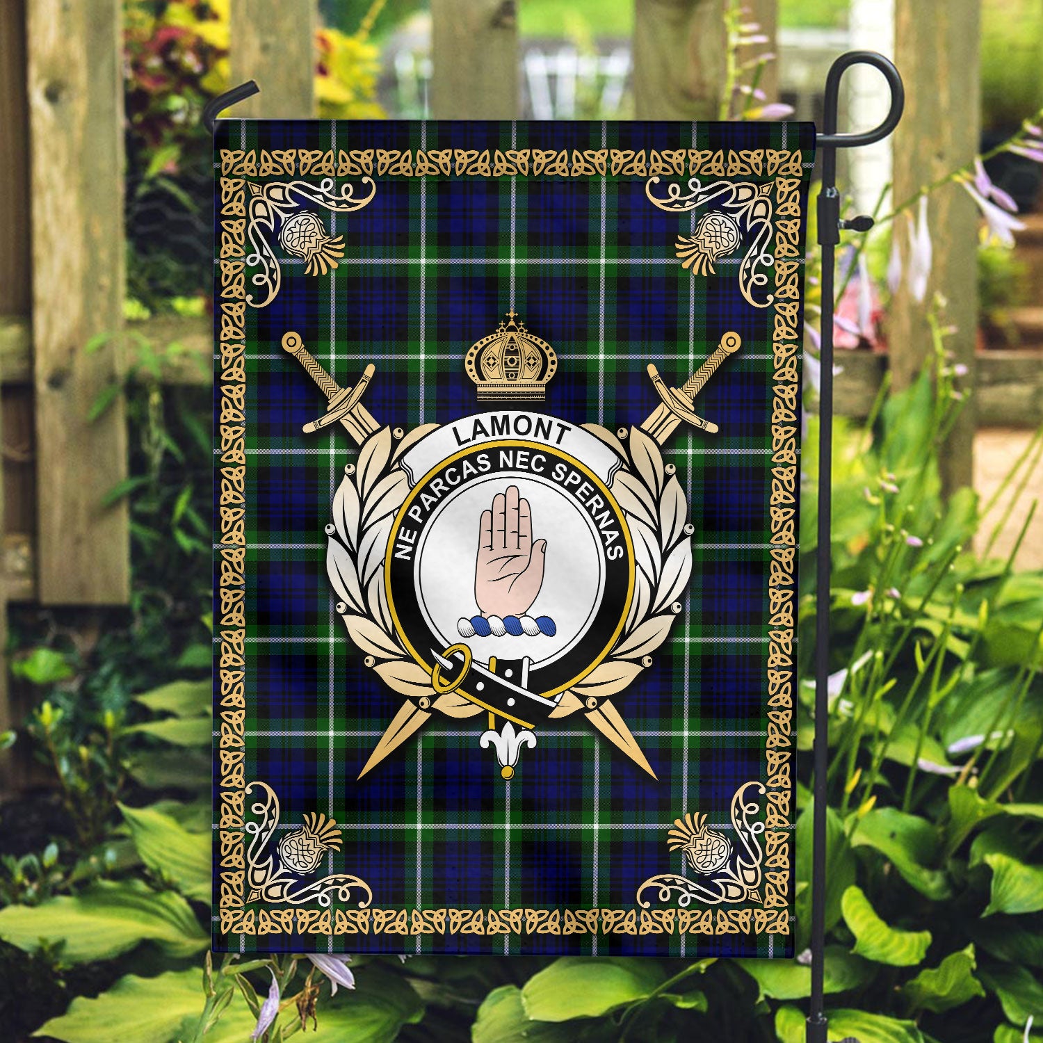 Lamont Modern Tartan Crest Garden Flag - Celtic Thistle Style