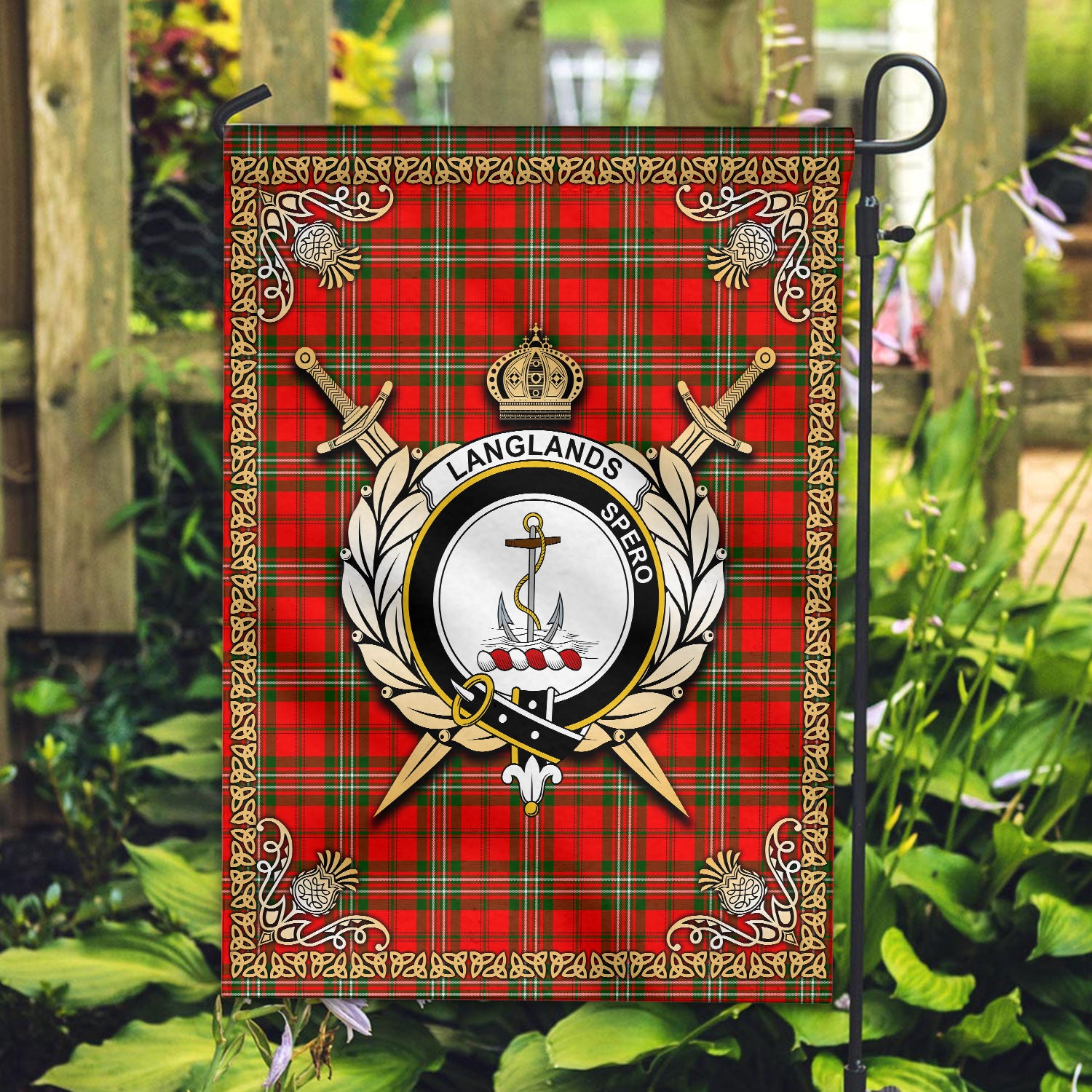 Langlands Tartan Crest Garden Flag - Celtic Thistle Style