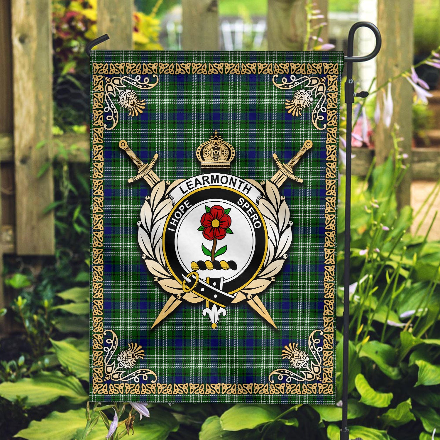 Learmonth Tartan Crest Garden Flag - Celtic Thistle Style