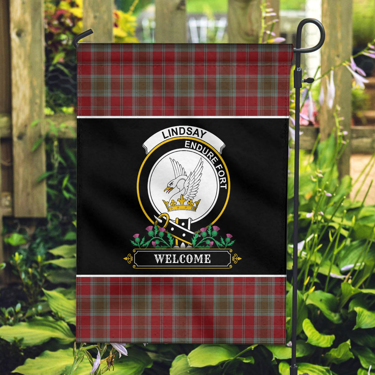 Lindsay Weathered Tartan Crest Garden Flag - Welcome Style