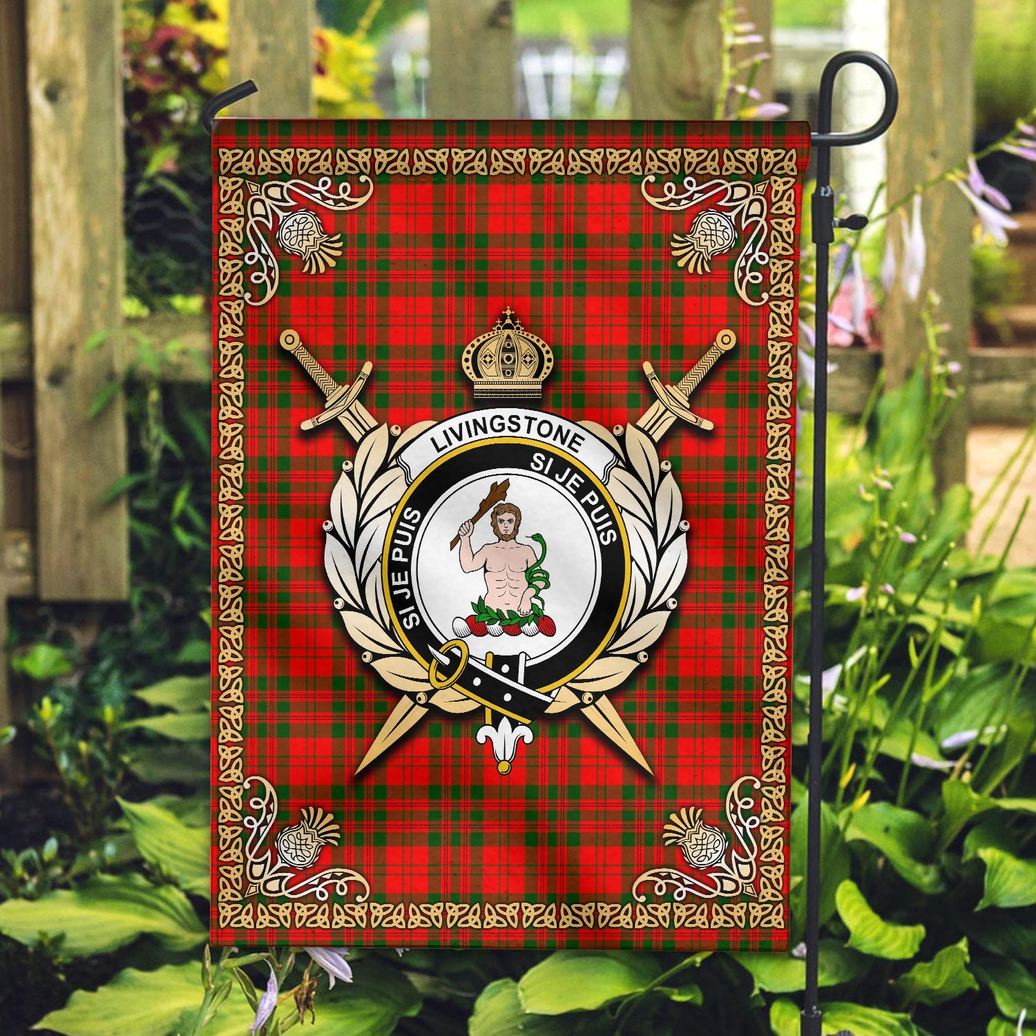 Livingstone Tartan Crest Garden Flag - Celtic Thistle Style