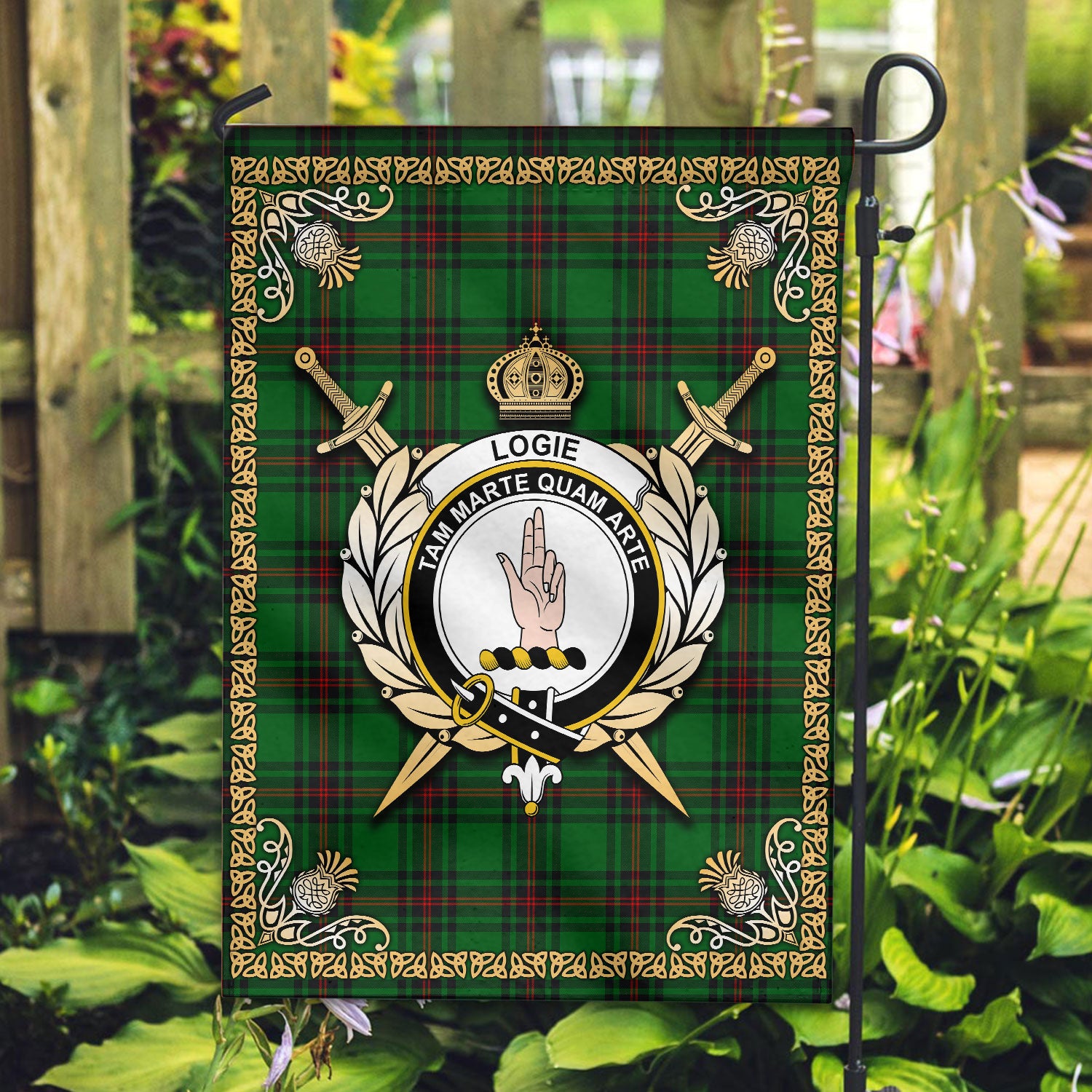 Logie Tartan Crest Garden Flag - Celtic Thistle Style