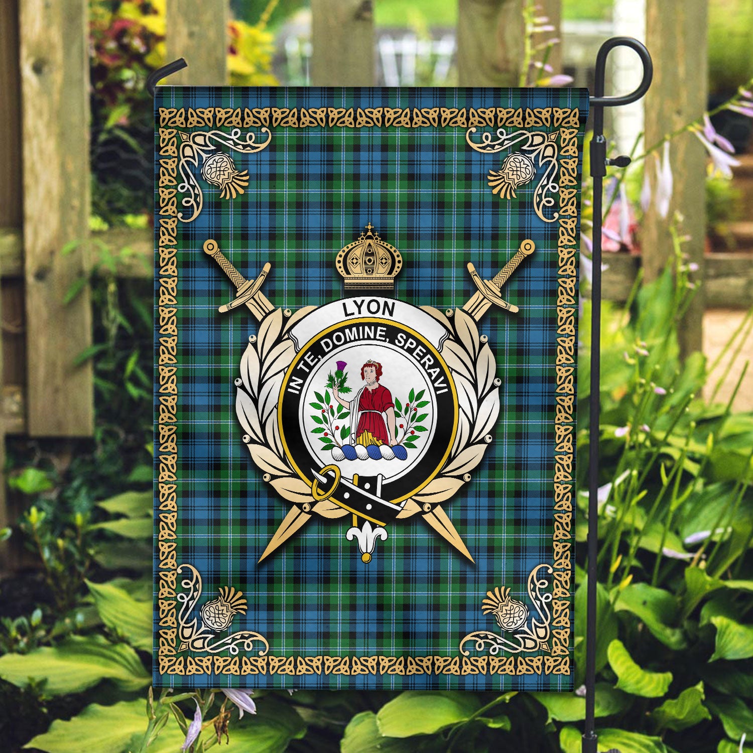 Lyon Tartan Crest Garden Flag - Celtic Thistle Style