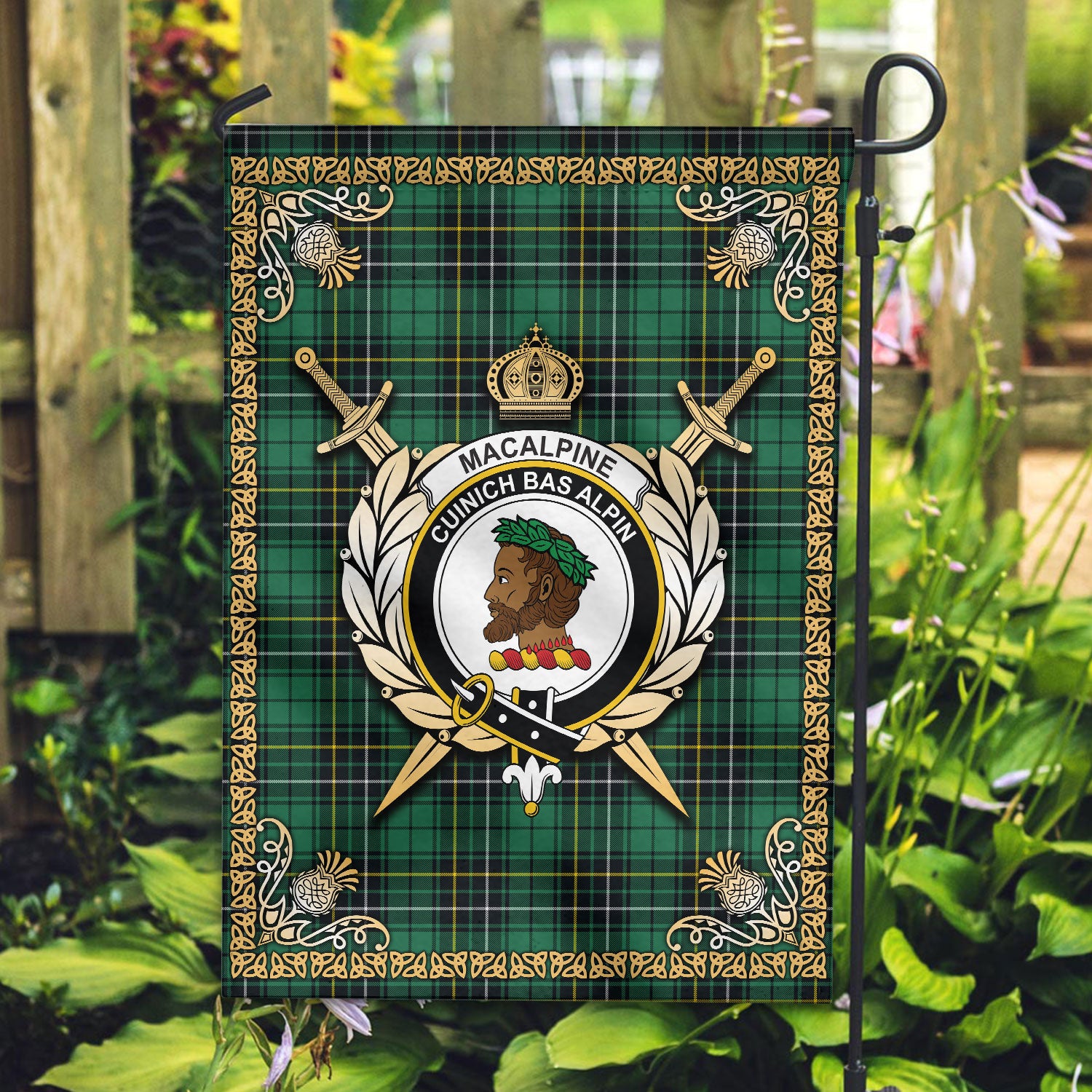 MacAlpine Ancient Tartan Crest Garden Flag - Celtic Thistle Style