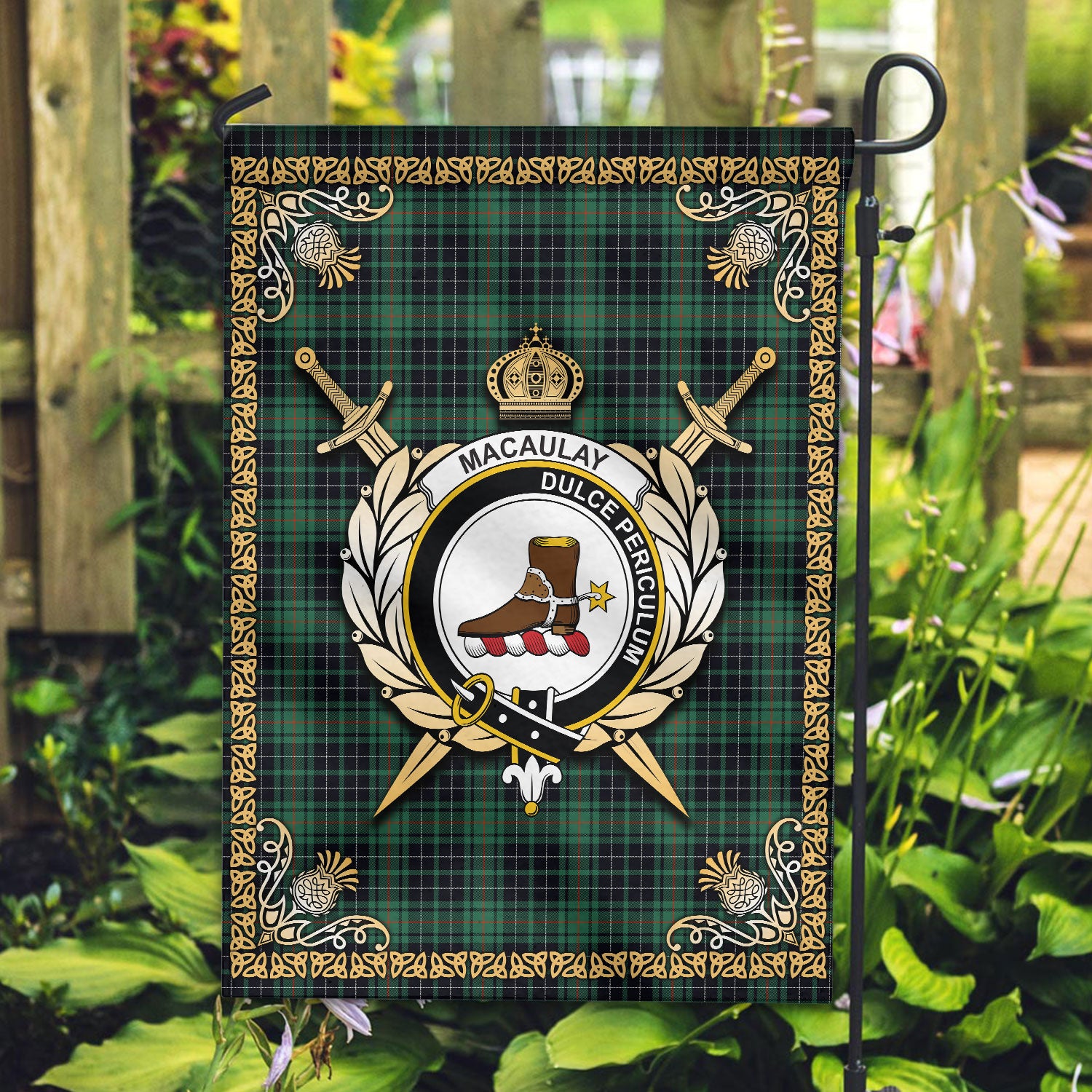 MacAulay Hunting Ancient Tartan Crest Garden Flag - Celtic Thistle Style