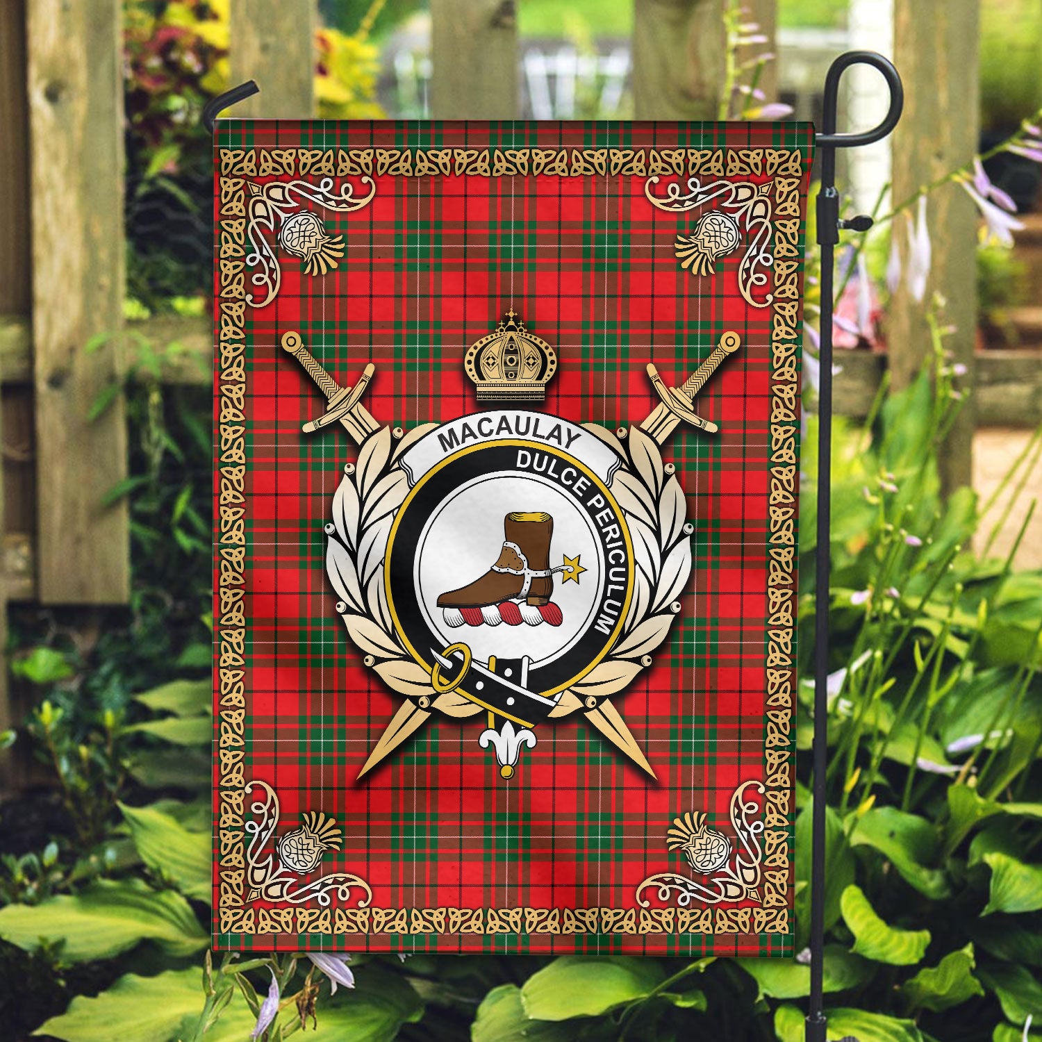 MacAulay Modern Tartan Crest Garden Flag - Celtic Thistle Style