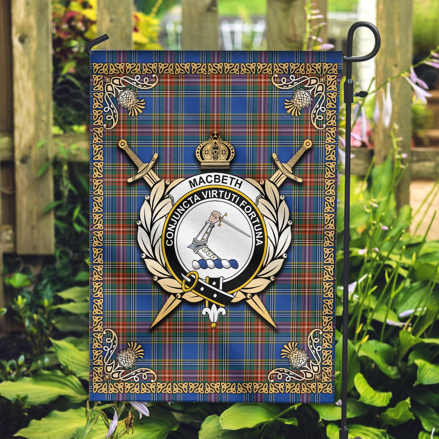 MacBeth Ancient Tartan Crest Garden Flag - Celtic Thistle Style