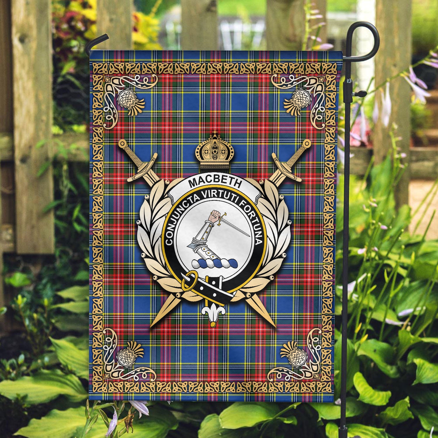 MacBeth Modern Tartan Crest Garden Flag - Celtic Thistle Style