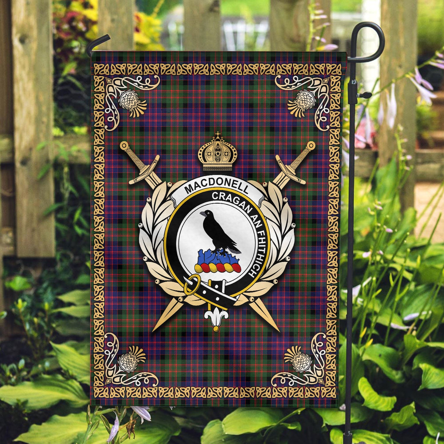 MacDonnell of Glengarry Modern Tartan Crest Garden Flag - Celtic Thistle Style