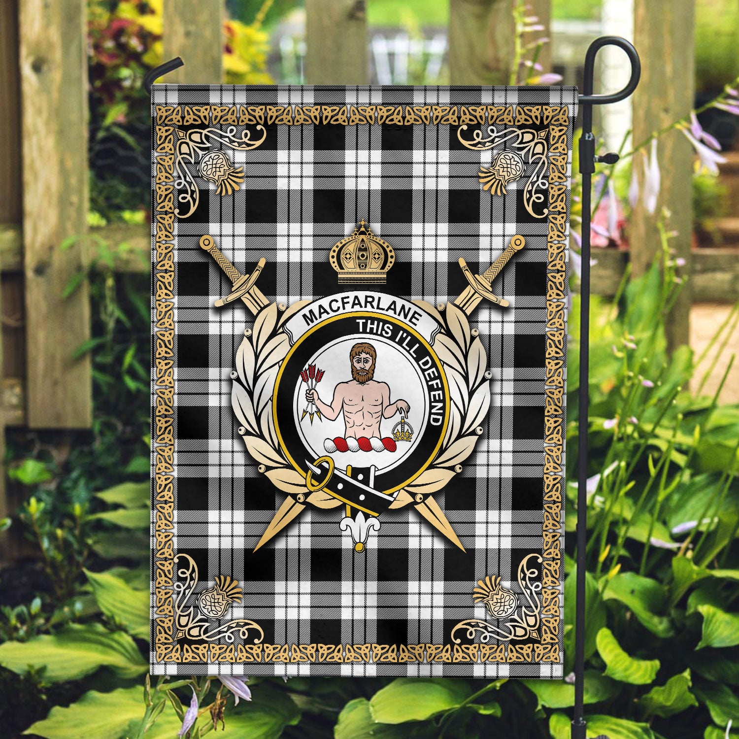 MacFarlane Black _ White Tartan Crest Garden Flag - Celtic Thistle Style