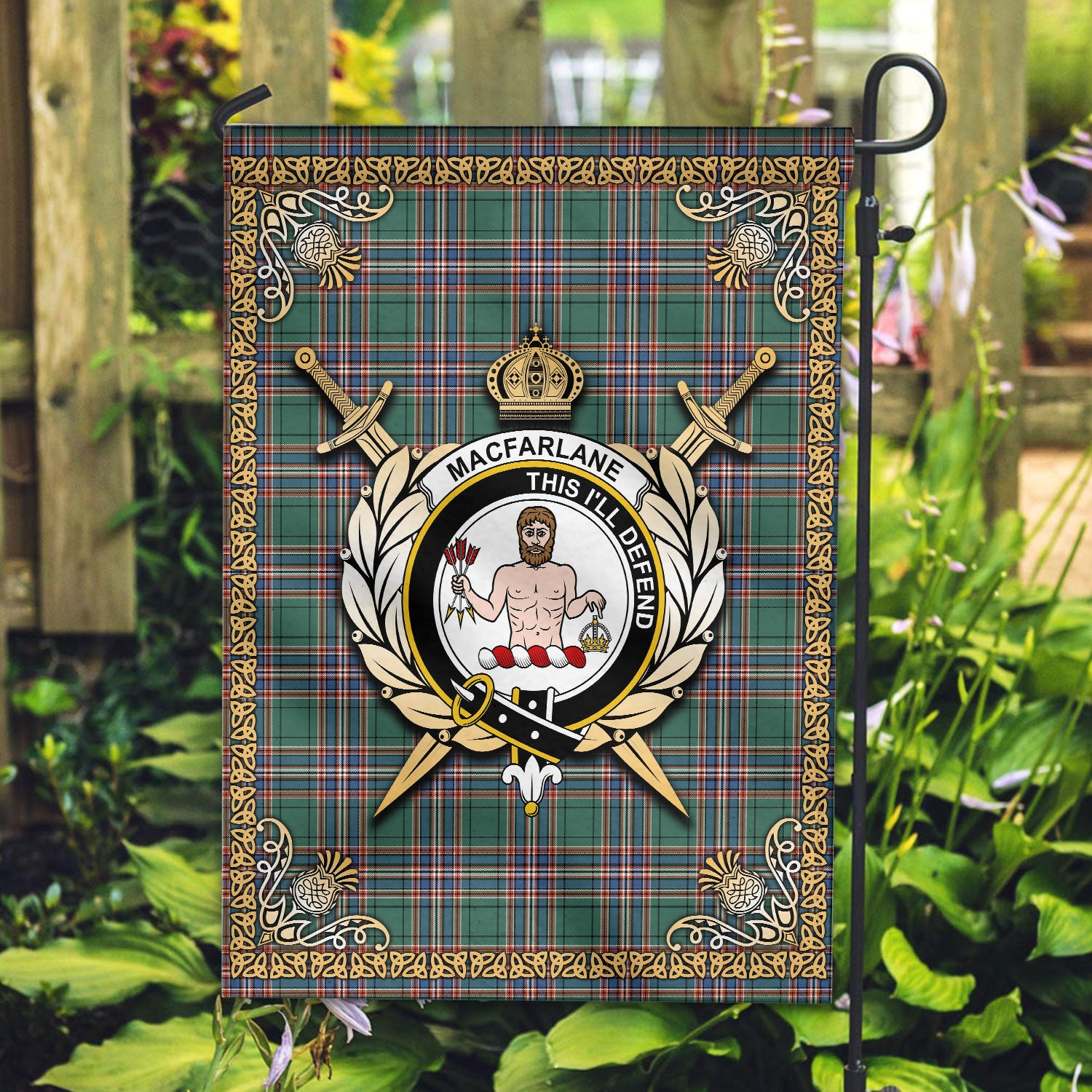 MacFarlane Hunting Ancient Tartan Crest Garden Flag - Celtic Thistle Style