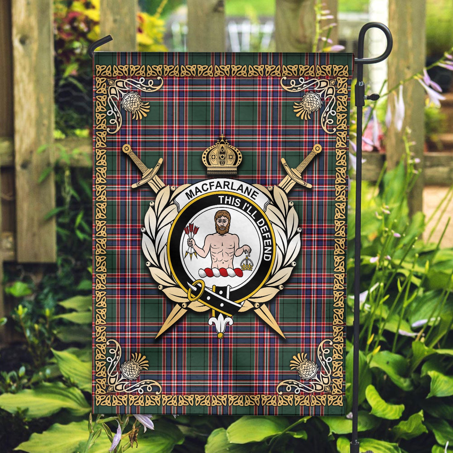 MacFarlane Hunting Modern Tartan Crest Garden Flag - Celtic Thistle Style