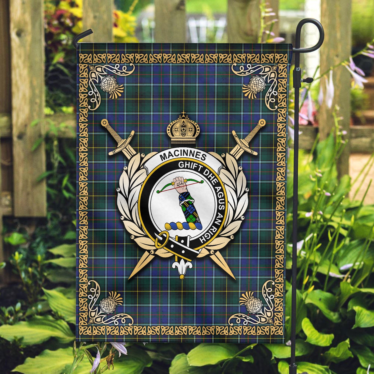 MacInnes Modern Tartan Crest Garden Flag - Celtic Thistle Style