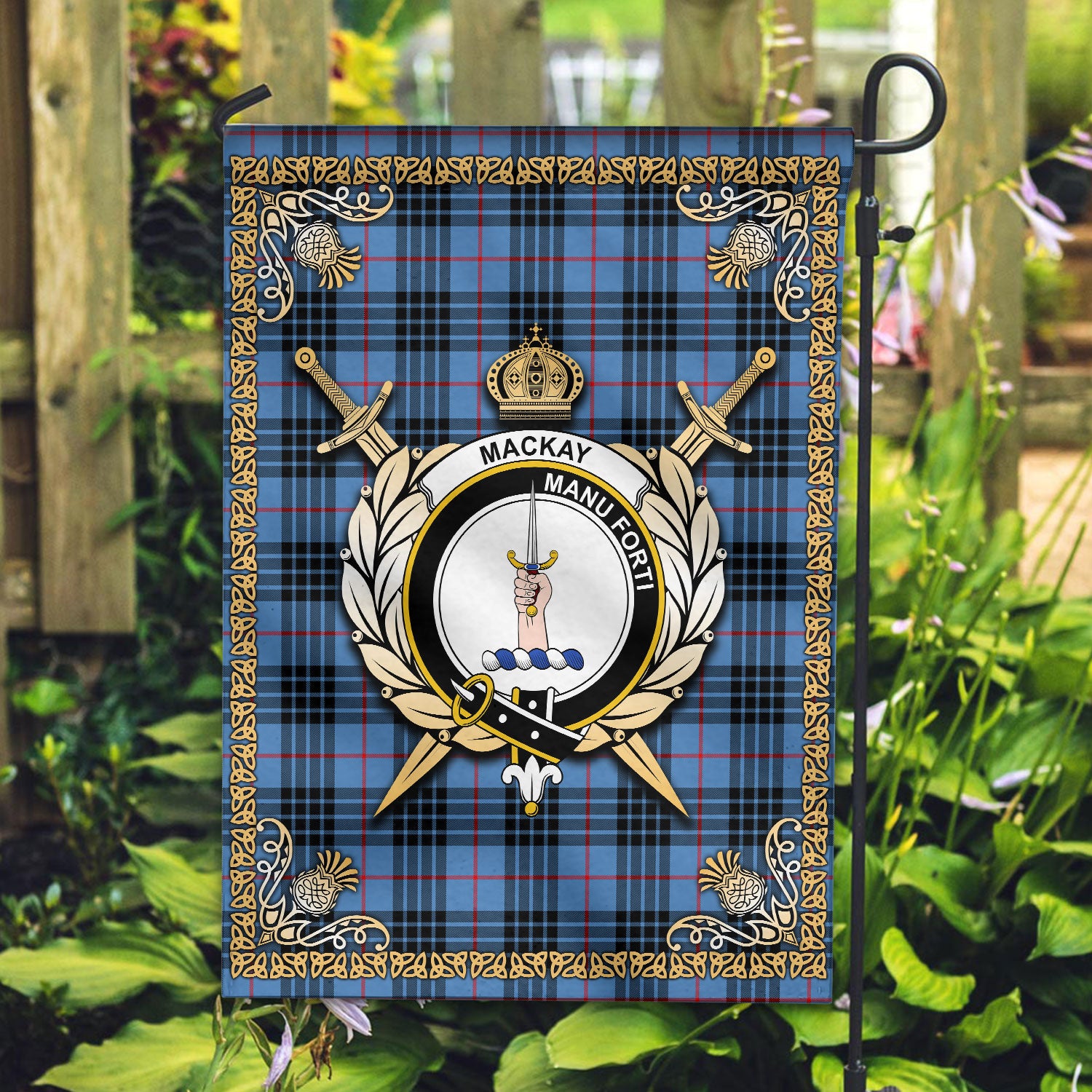 MacKay Blue Tartan Crest Garden Flag - Celtic Thistle Style