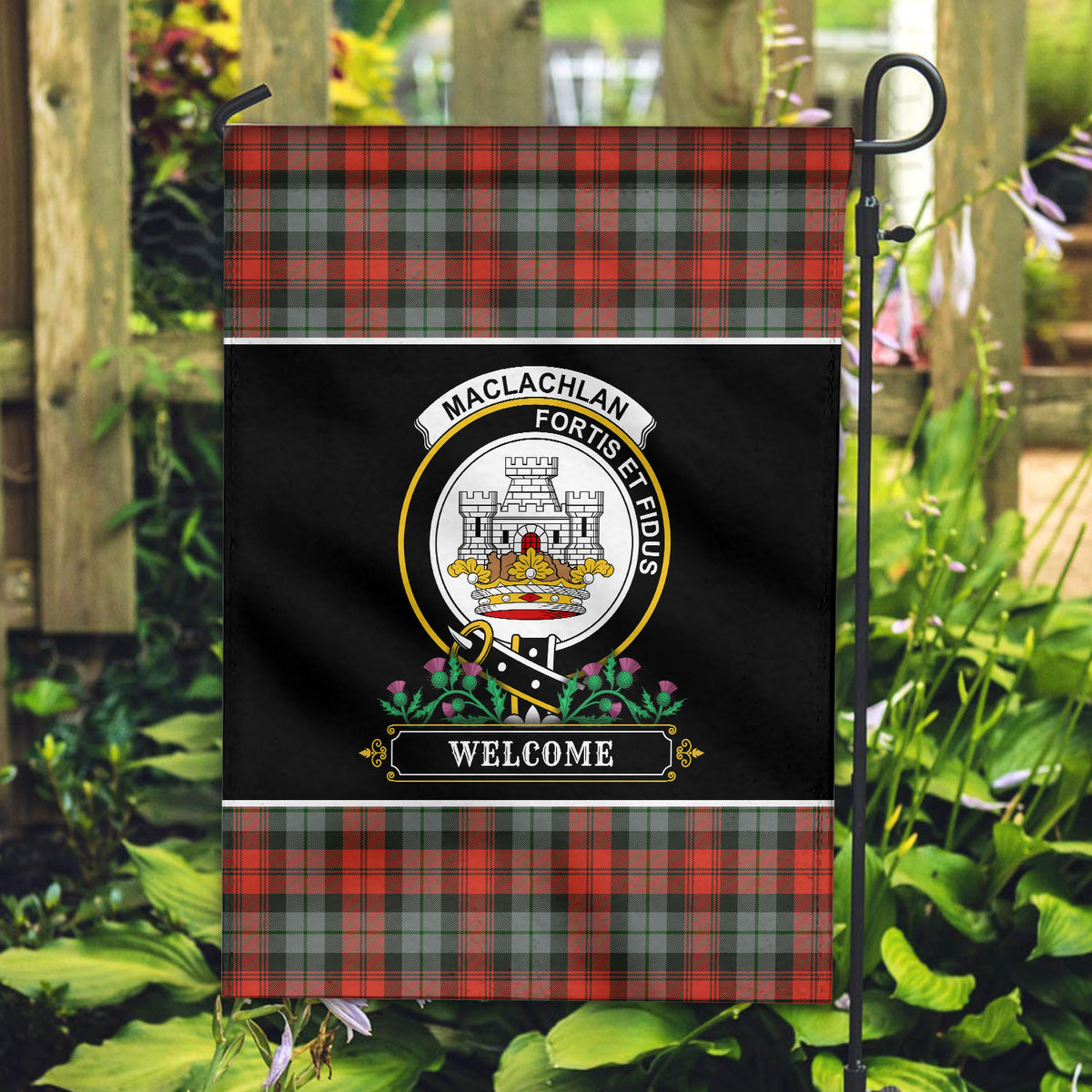 MacLachlan Weathered Tartan Crest Garden Flag - Welcome Style