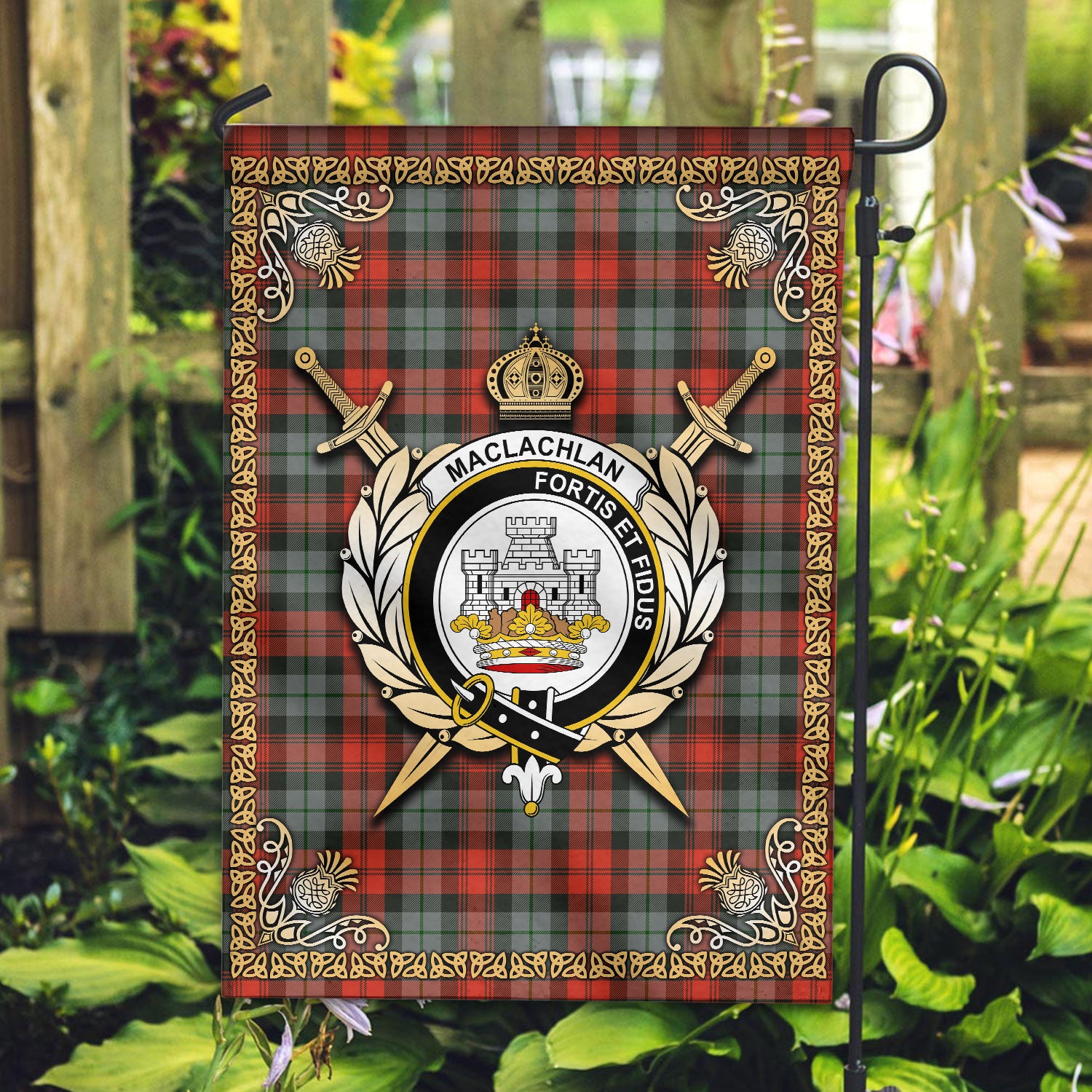 MacLachlan Weathered Tartan Crest Garden Flag - Celtic Thistle Style