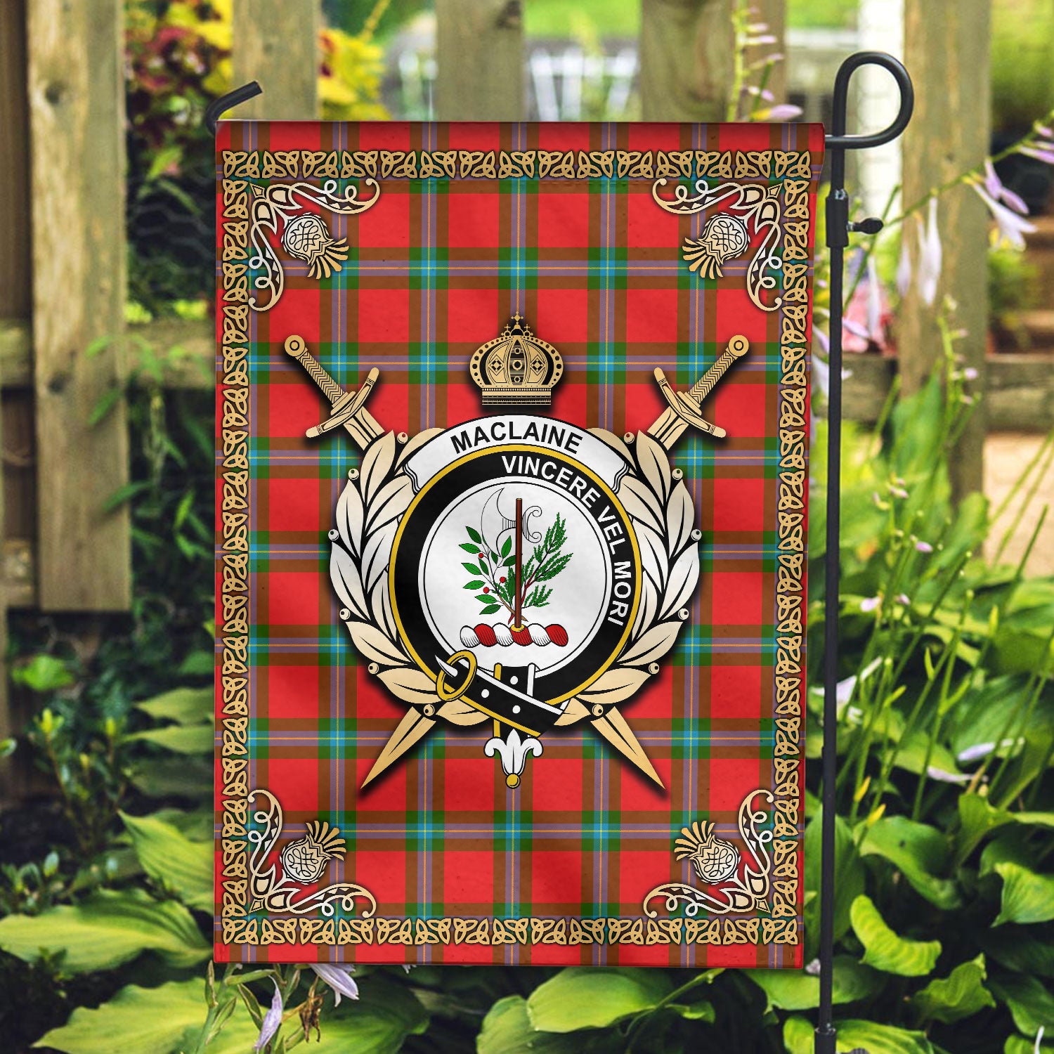 MacLaine of Loch Buie Tartan Crest Garden Flag - Celtic Thistle Style