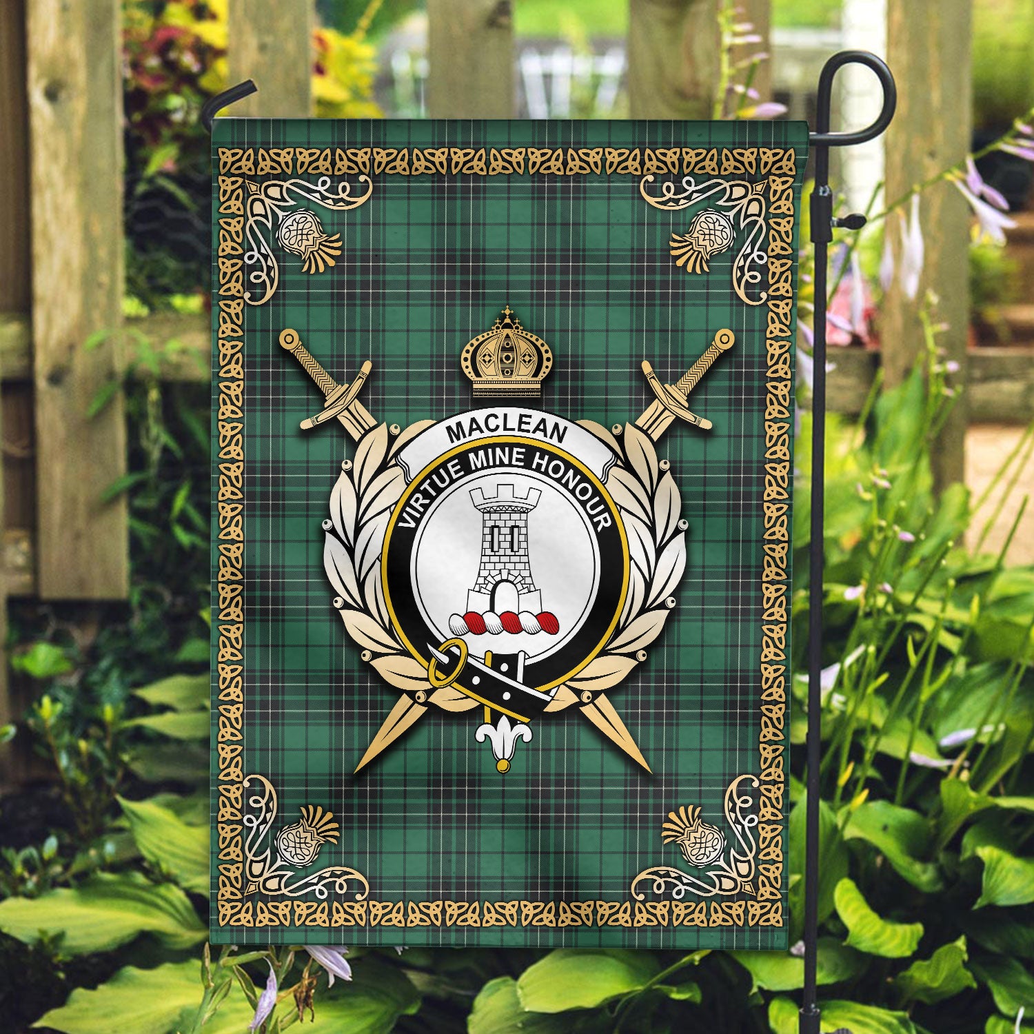 MacLean Hunting Ancient Tartan Crest Garden Flag - Celtic Thistle Style