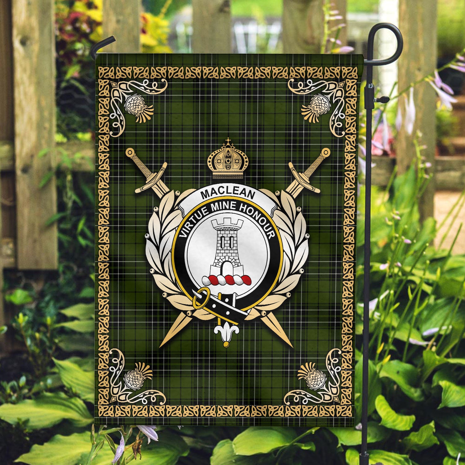 MacLean Hunting Tartan Crest Garden Flag - Celtic Thistle Style