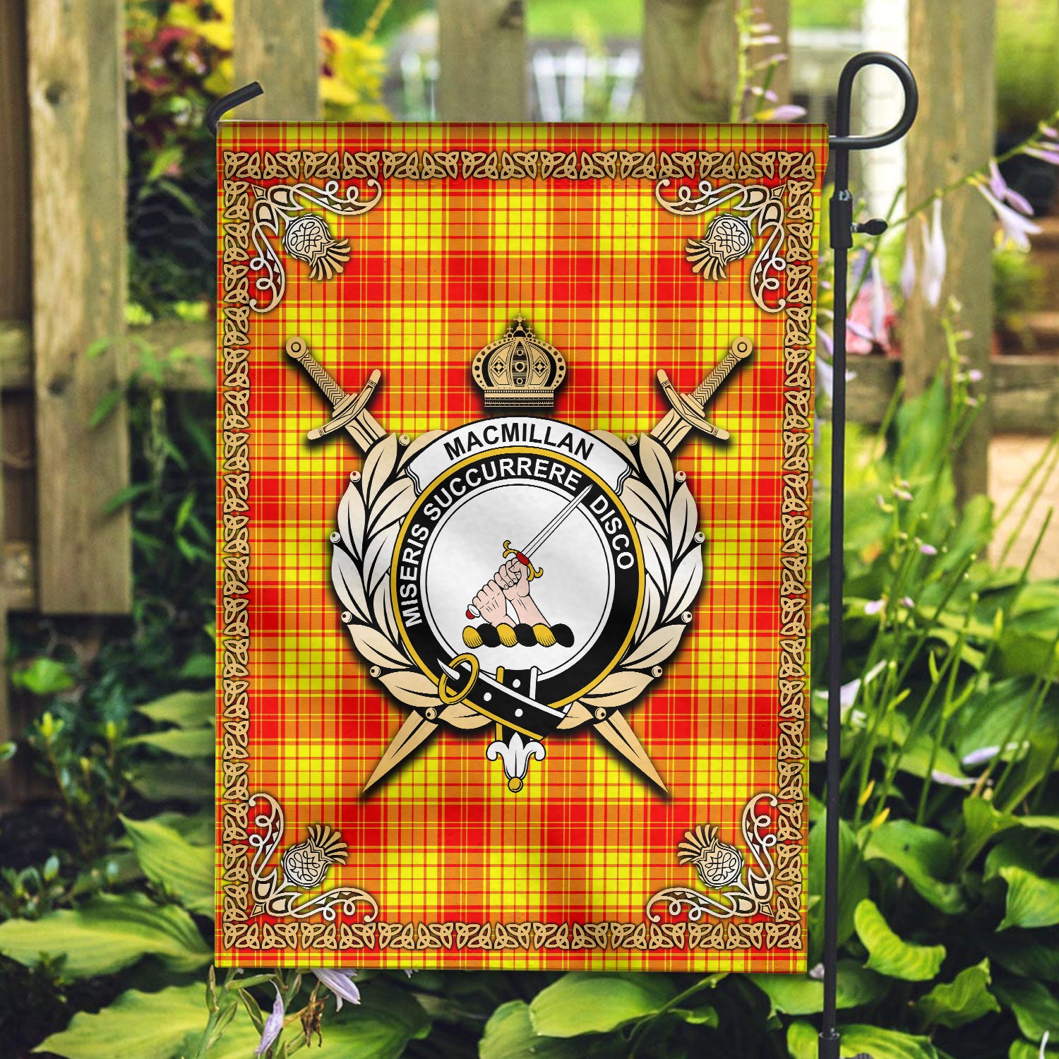 MacMillan Clan Tartan Crest Garden Flag - Celtic Thistle Style