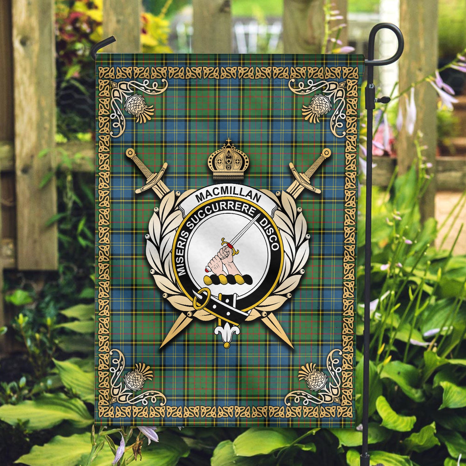 MacMillan Hunting Ancient Tartan Crest Garden Flag - Celtic Thistle Style