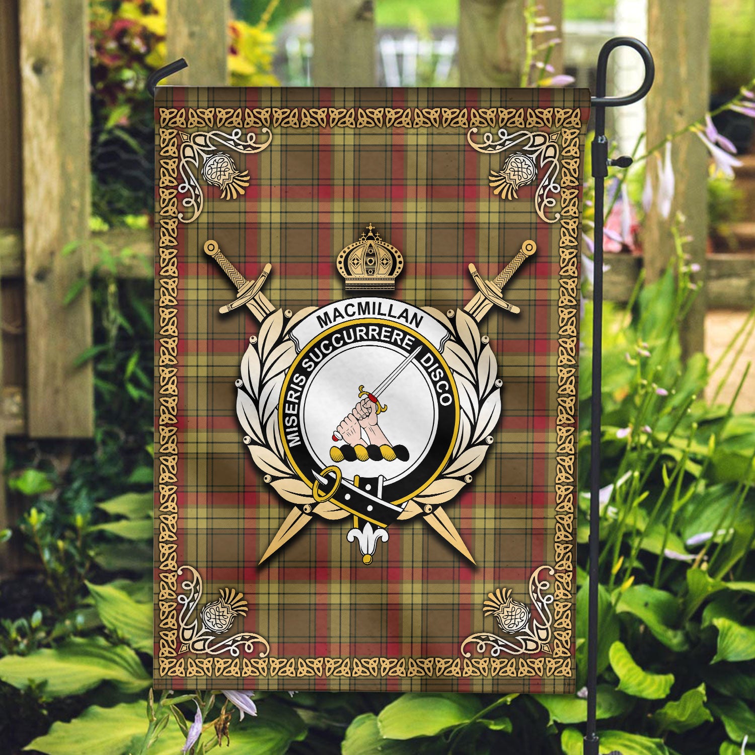 MacMillan Old Weathered Tartan Crest Garden Flag - Celtic Thistle Style