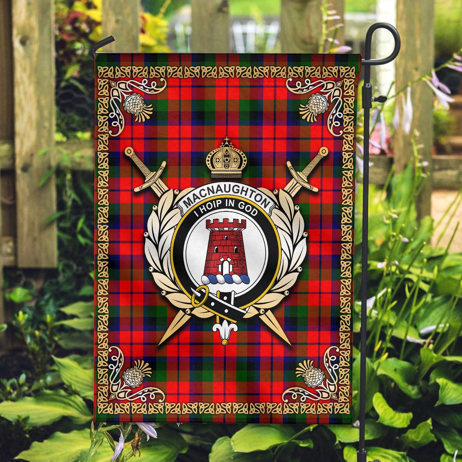 MacNaughton Modern Tartan Crest Garden Flag - Celtic Thistle Style