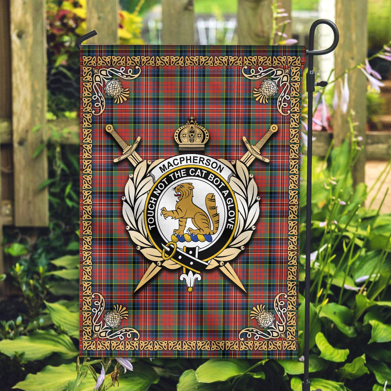 MacPherson Ancient Tartan Crest Garden Flag - Celtic Thistle Style