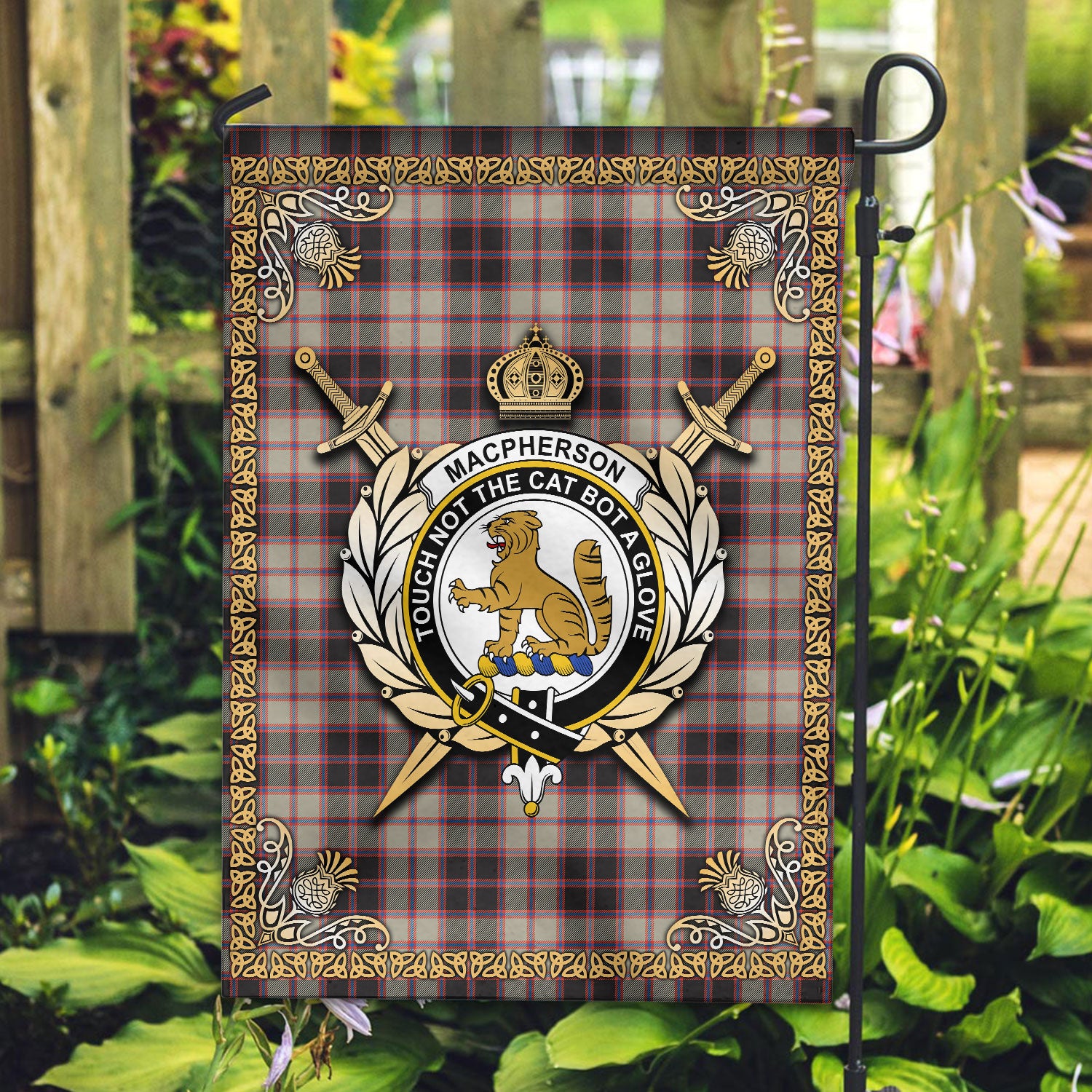 MacPherson Hunting Ancient Tartan Crest Garden Flag - Celtic Thistle Style