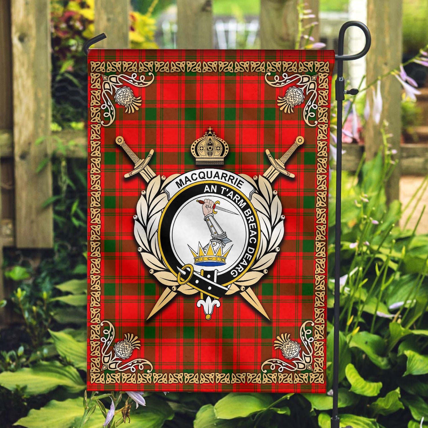 MacQuarrie Tartan Crest Garden Flag - Celtic Thistle Style