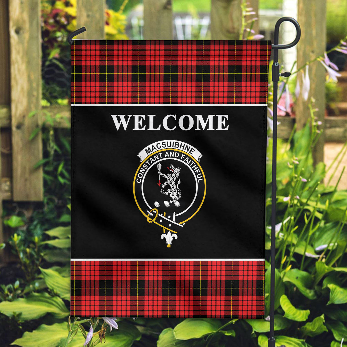 MacSuibhne Tartan Crest Black Garden Flag