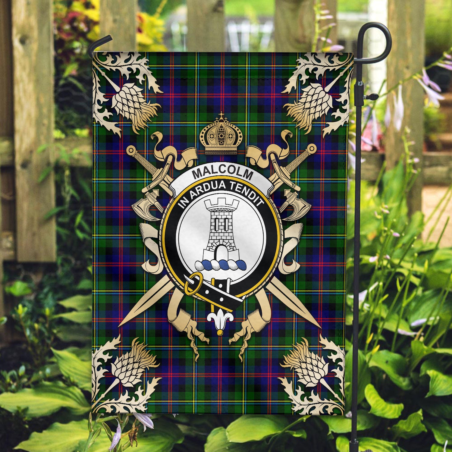 Malcolm Tartan Crest Black Garden Flag - Gold Thistle Style