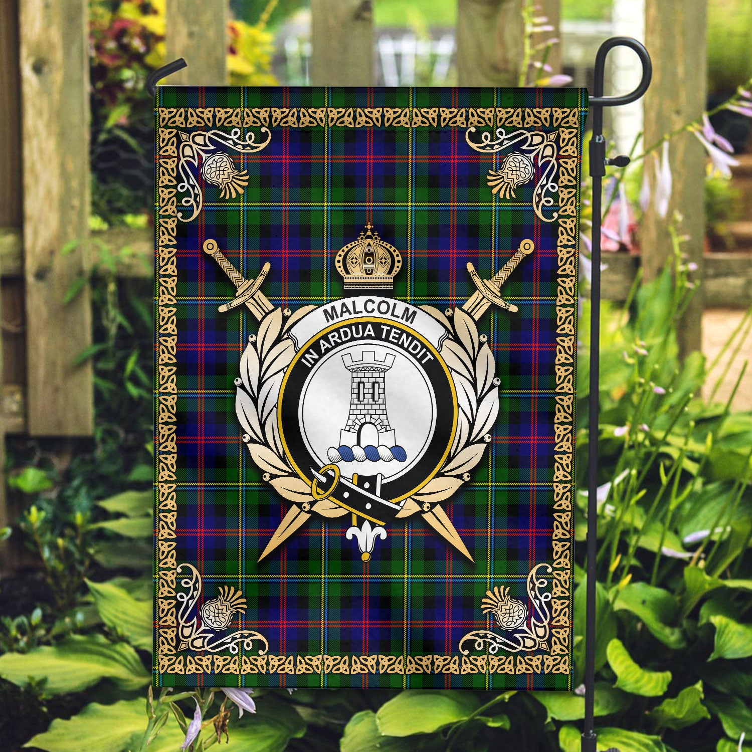 Malcolm Tartan Crest Garden Flag - Celtic Thistle Style