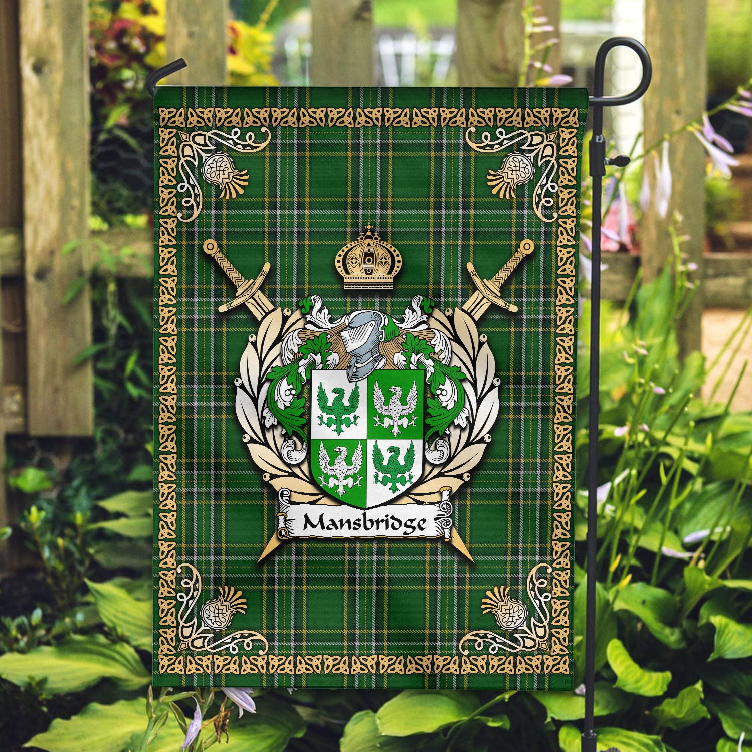 Mansbridge Tartan Crest Black Garden Flag - Gold Thistle Style