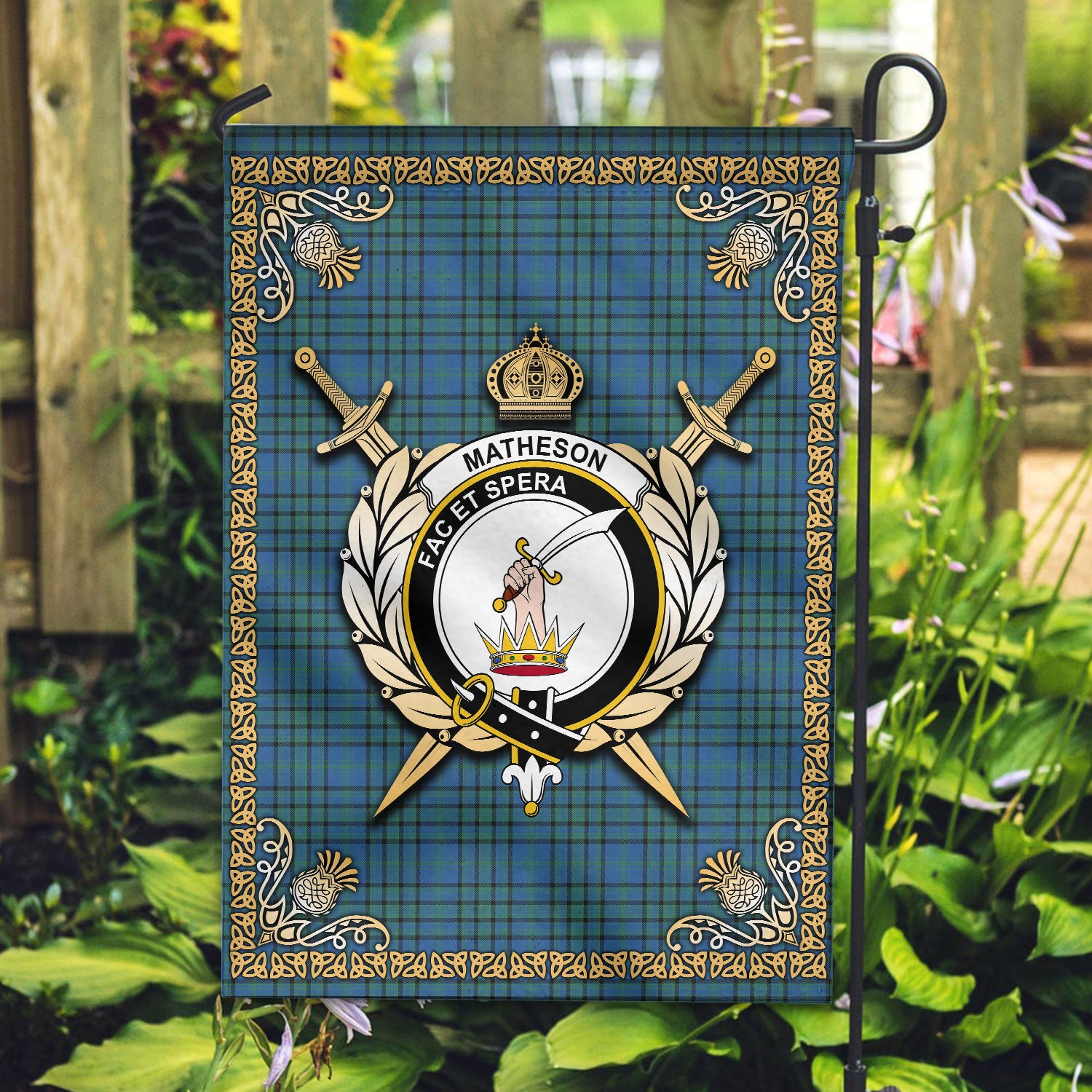 Matheson Hunting Ancient Tartan Crest Garden Flag - Celtic Thistle Style