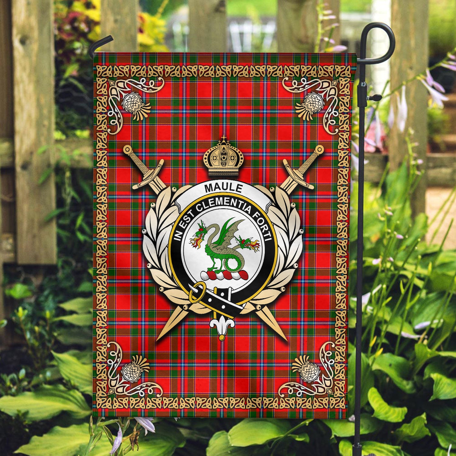 Maule Tartan Crest Garden Flag - Celtic Thistle Style