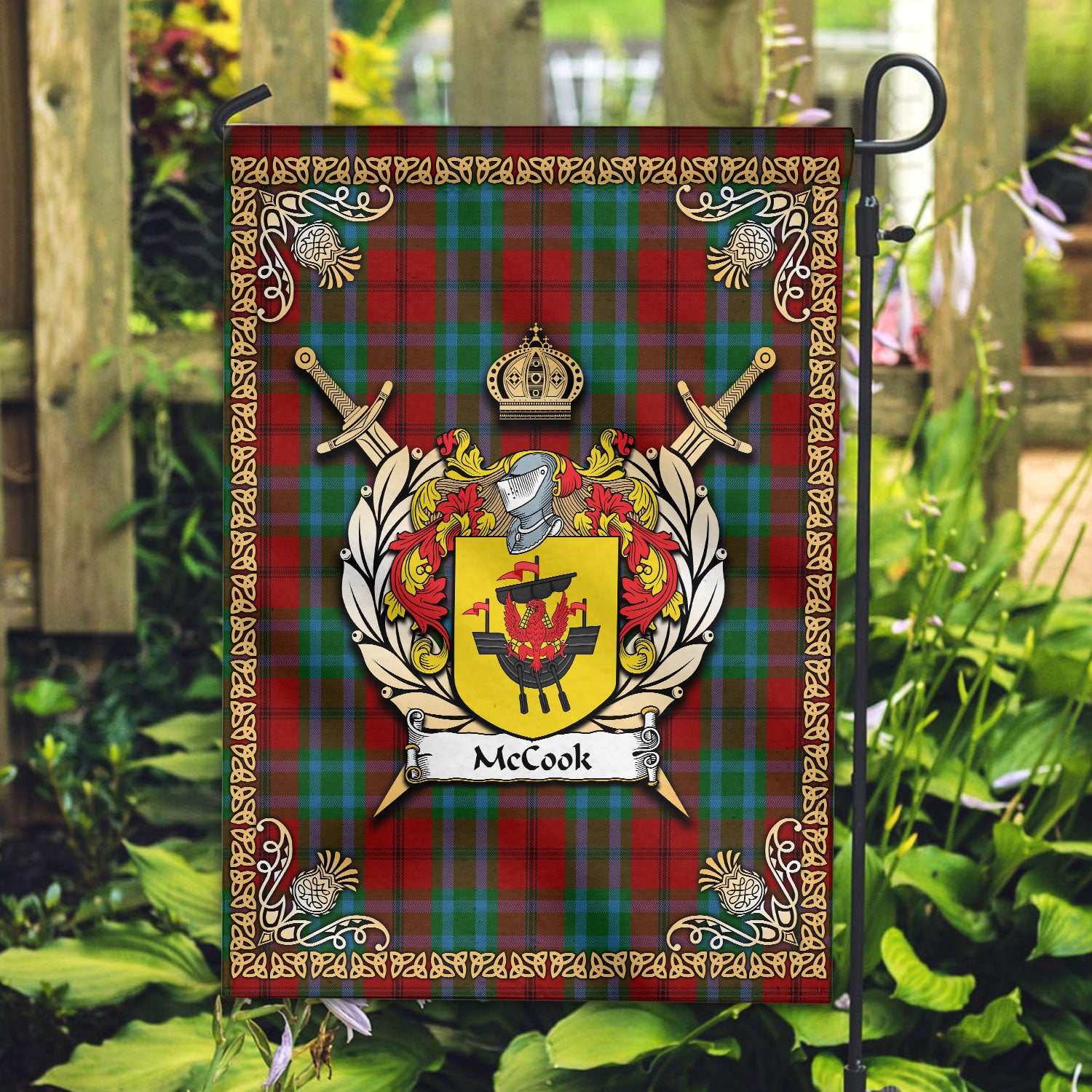 McCook Tartan Coat Of Arms Garden Flag - Celtic Thistle Style