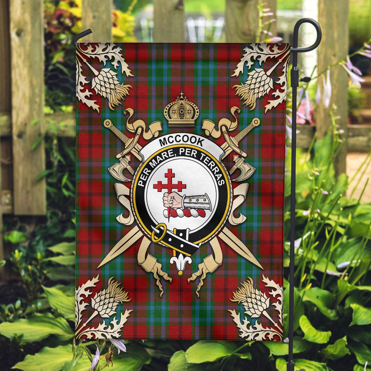 McCook Tartan Crest Black Garden Flag - Gold Thistle Style