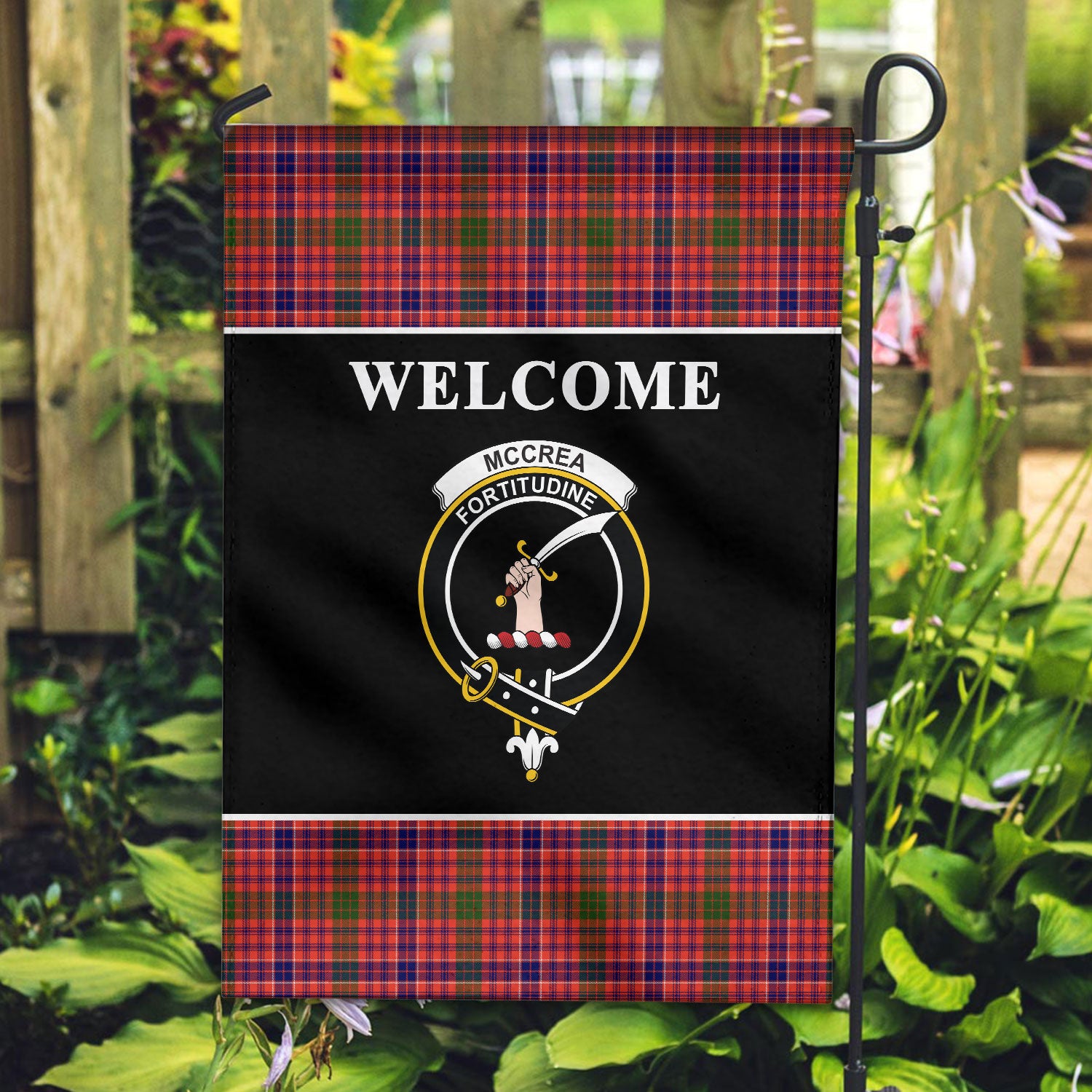 McCrea Tartan Crest Black Garden Flag