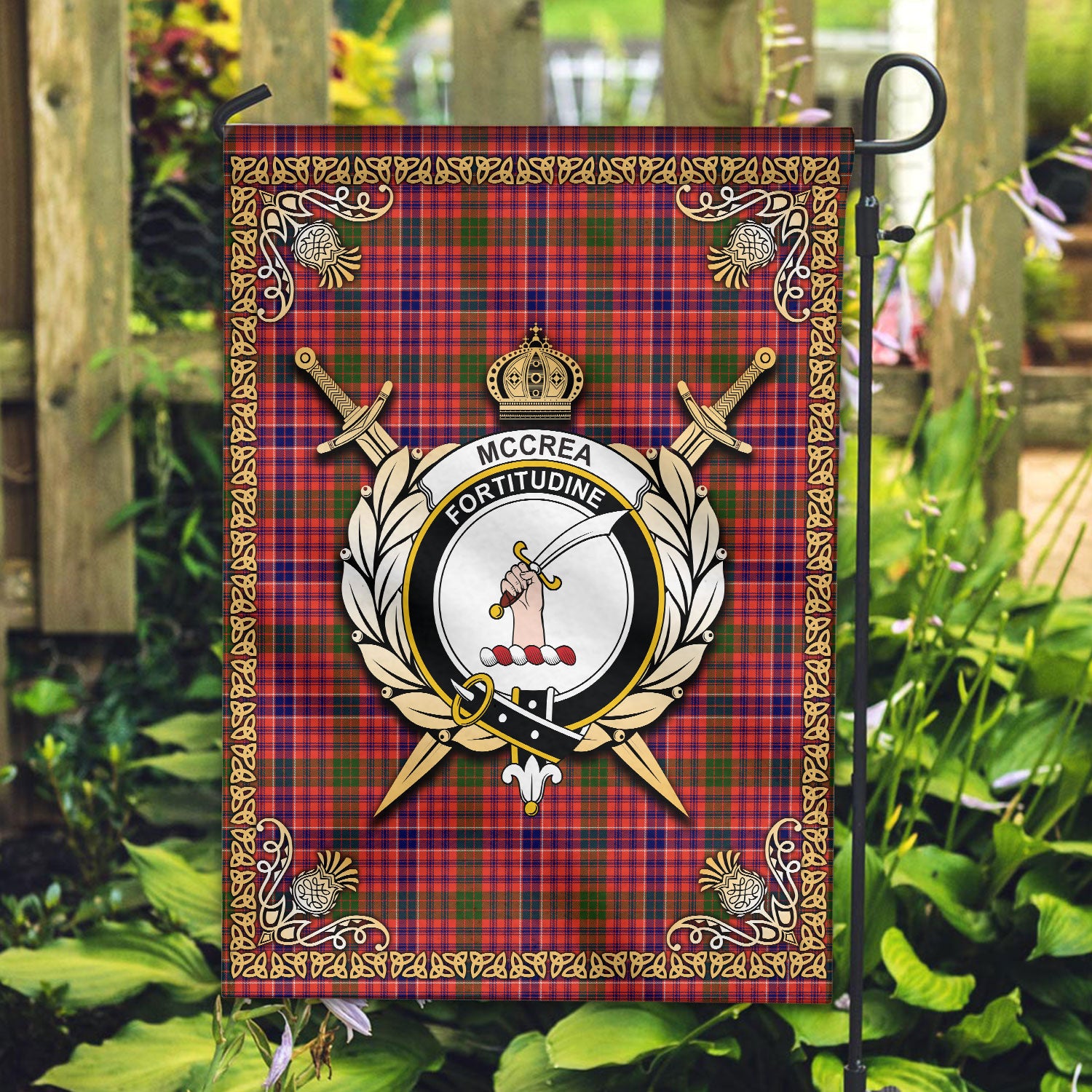 McCrea Tartan Crest Garden Flag - Celtic Thistle Style