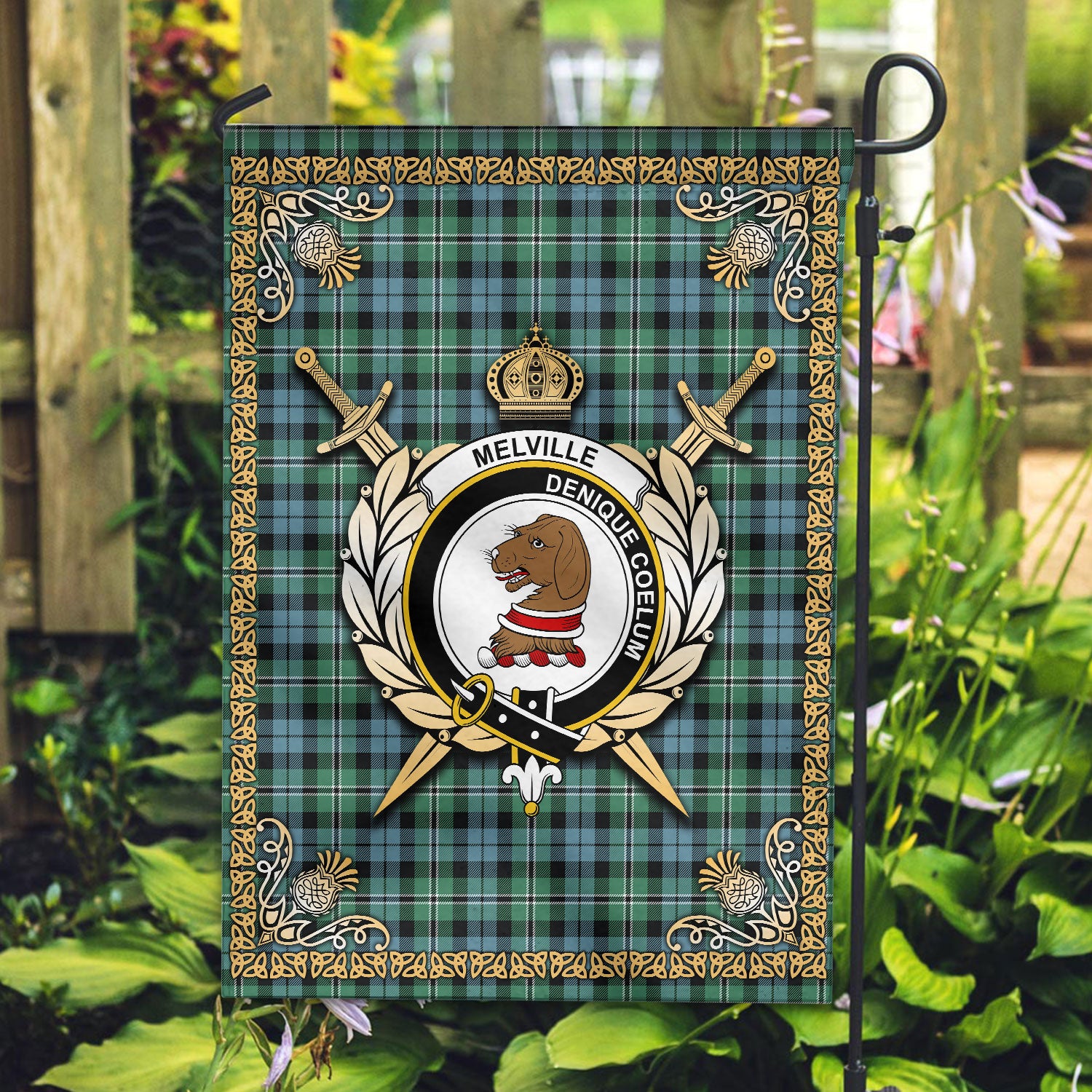 Melville Tartan Crest Garden Flag - Celtic Thistle Style