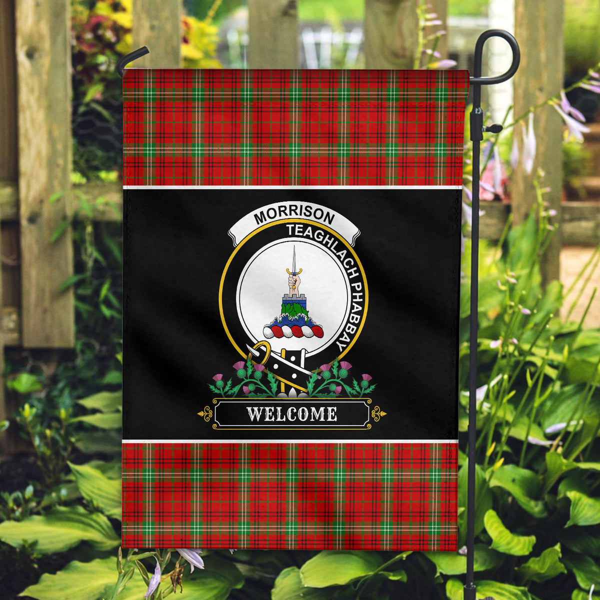 Morrison Red Modern Tartan Crest Garden Flag - Welcome Style