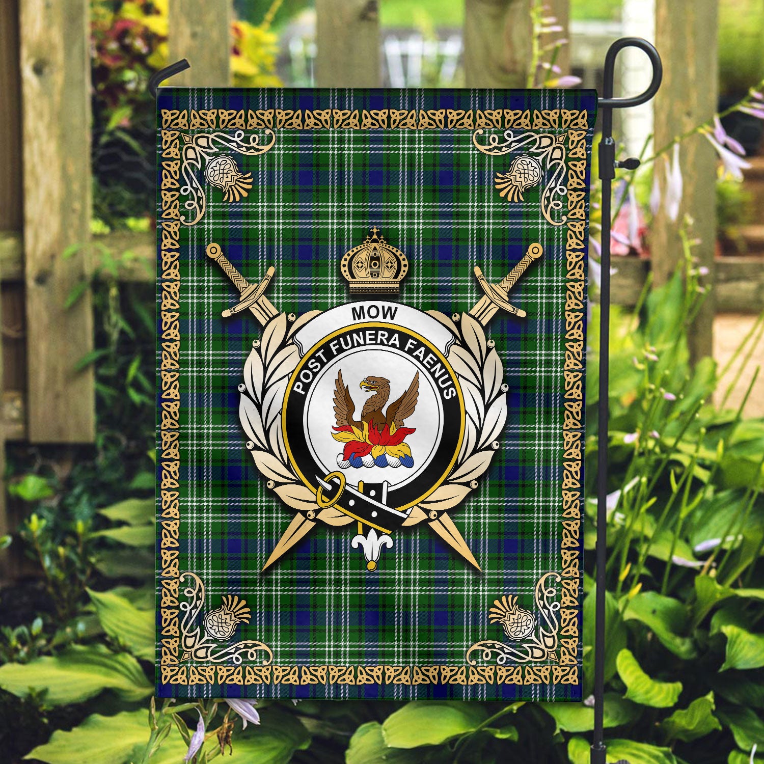 Mow Tartan Crest Garden Flag - Celtic Thistle Style